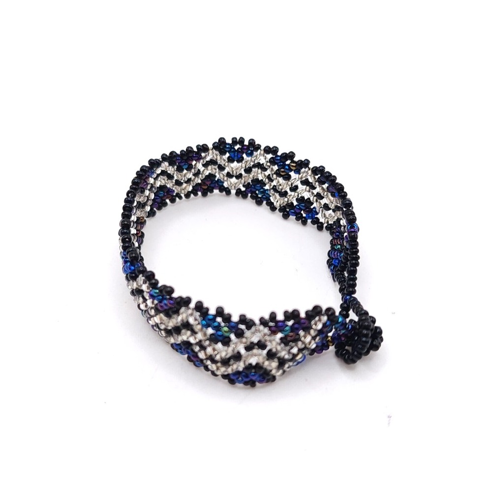 Handwoven Seed Bead Bracelet Blue Purple Chevron 7in